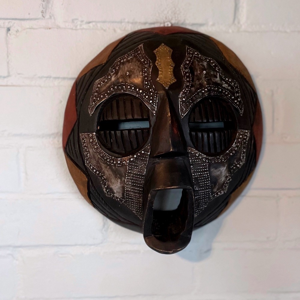 Beautiful Vintage Hand Carved African Tribal Art Wood‎ Metal Face Mask